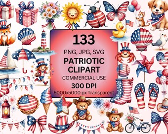Patriotic Clipart Bundle, 4th of July Watercolor PNG SVG Jpg, American Flag Graphics, USA Summer Clipart, Commercial Use Download