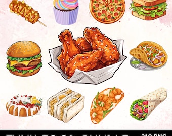 Junk Food Digital Clipart PNG,  Fast Food PNG Bundle, Pizza Burger Sandwich Hotdog Taco Donut Illustration