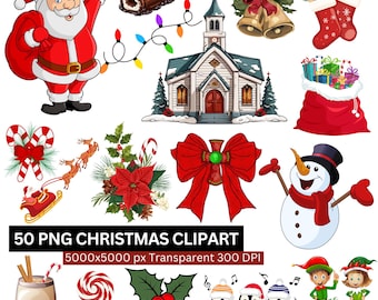 50 Christmas Clipart PNG Bundle, Xmas Santa Snowman Ornaments, Holiday Decorations, 5000x5000px 300DPI Transparent PNG