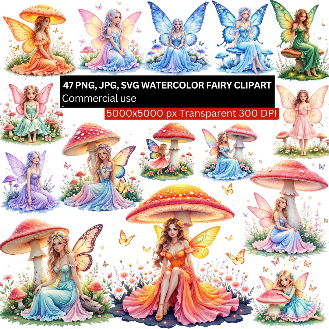 47 Watercolor Fairy Clipart PNG JPG SVG Bundle, Fantasy Mushroom Fairy ...