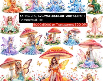 Paquete de 47 imágenes prediseñadas de hadas en acuarela, PNG, JPG y SVG, arte de hadas con forma de hongo de fantasía, 5000 x 5000 px, 300 DPI, descarga digital, uso comercial