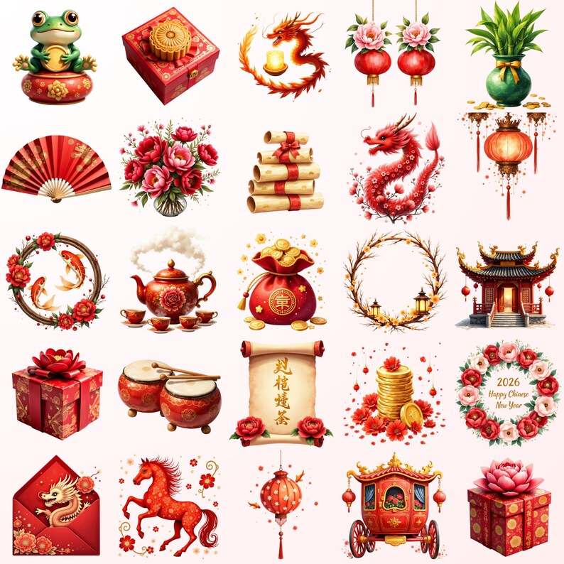 a collection of red and gold Chinese New Year-themed objects, including a frog, dragon, lanterns, flowers, a wreath, a temple, a scroll, a teapot, a gift box, a horse, and a carriage.
