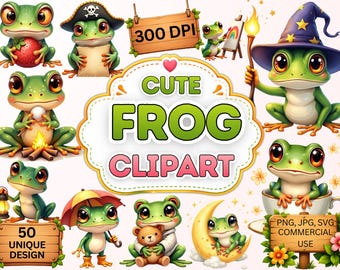 Cute Frog Clipart Bundle, 50 Kawaii Frog PNG, Cottagecore Frog Sticker, Frog Sublimation Design, Cute Animal PNG, Commercial Use Download