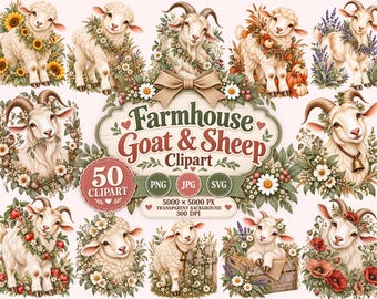 Farmhouse Goat Sheep Clipart Bundle, 50 PNG SVG JPG Farm Animal Designs, Farmhouse Wreath Art, Instant Download Files Commercial Use