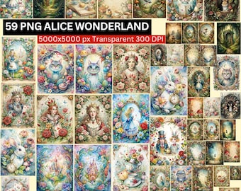 不思議の国のアリスのクリップアート、おとぎ話のPNGバンドル、チェシャ猫のクリップアート、白ウサギのPNG、ハートの女王のクリップアート、即時ダウンロードPNG