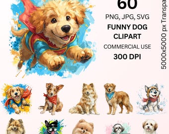 Funny Dog PNG Bundle, 60 Cute Cartoon Dog Clipart, Playful Puppy Sublimation PNG, Watercolor Dog Art, 5000px Transparent Digital Download