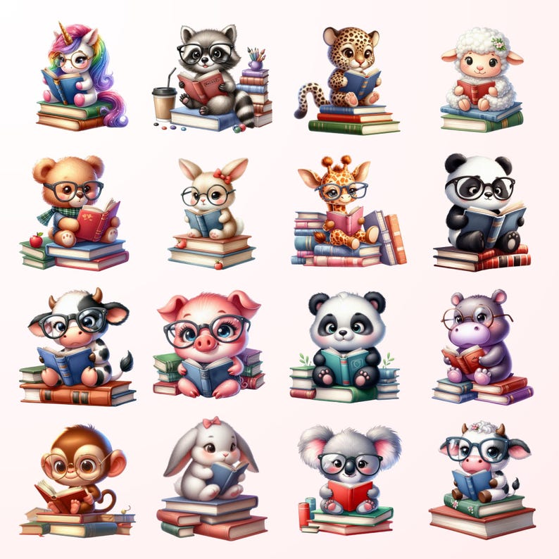 a collection of 16 cartoon animal characters, each sitting on top of a stack of books and reading a book. The animals include a unicorn, raccoon, leopard, sheep, bunny, pig, panda, cow, monkey, and a rabbit.