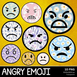 Paquete de imágenes prediseñadas de emojis enojados (PNG) / 10 imágenes PNG de caras enojadas florales para sublimación, camisetas, pegatinas y manualidades. Descarga de imágenes prediseñadas de emojis enojados.