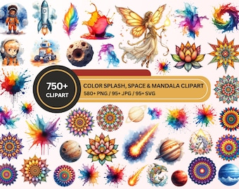 Space Mandala Clipart Bundle, 750 PNG JPG SVG Color Splash Astronaut Planet Designs, Watercolor Clipart, Commercial Use