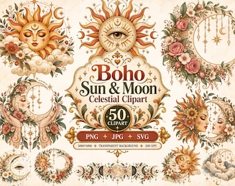 Boho Sun Moon Clipart Bundle, 50 PNG SVG JPG Celestial Designs, Boho Wreath Sun Moon Art Florals, Instant Download Files Commercial Use
