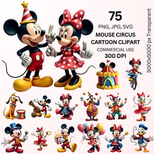 Mouse Circus Clipart, 75 PNG Bundle, Minnie, Donald, Daisy, Pluto, Goofy, Party Graphics, Transparent Background, Sublimation