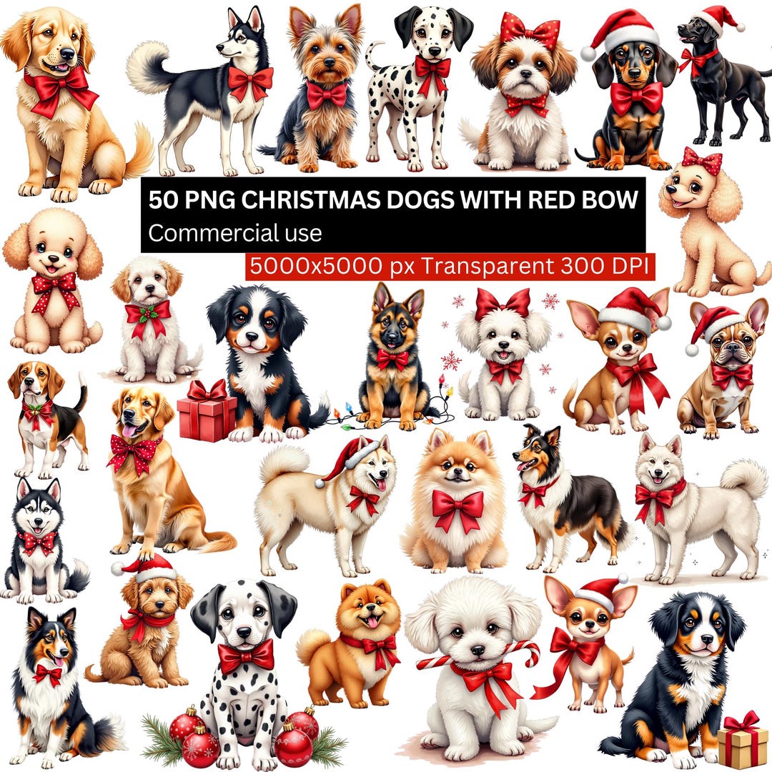 Christmas Dog Clipart, Red Bow Puppy PNG, Holiday Dog Bundle, Cute Dog ...