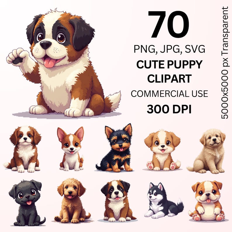 Cute Puppy Clipart Bundle, 70 Dog PNG JPG SVG, Cute Cartoon Dogs ...