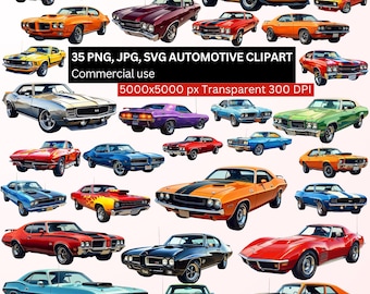35 Muscle Car Clipart PNG JPG SVG Bundle, Classic Vintage Automotive Art, 5000x5000px 300DPI, Digital Download, Commercial Use