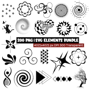 May include: A collection of black and white graphic elements, including swirls, geometric shapes, and abstract designs. The image includes the text "200 PNG | SVG ELEMENTS BUNDLE" and details about the image resolution and transparency.