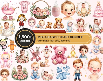 Baby Clipart Bundle, 1500 Nursery PNG, Cute Newborn Baby Clipart, Baby Shower Sublimation, Teddy Bear PNG, Commercial Use Download