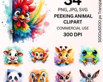 Peeking Animal Clipart Bundle, 34 Cute Peekaboo Animals PNG JPG SVG, Peeking Baby Animals Clipart, Funny Animal Faces, Kids Clipart 300DPI