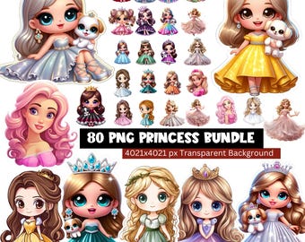 Prinzessin Clipart Bundle, 80 Aquarell königliches Mädchen PNG, süße Prinzessin Illustrationen für Sublimation, Scrapbooking und digitale Downloads