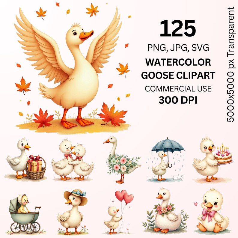 Watercolor Goose Clipart Bundle, 125 Cute Goose PNG SVG JPG, Baby Goose ...