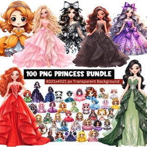 100 Princess Watercolor PNG Bundle, Cute Princess Clipart, Cartoon Princess Sublimation, Royal Girl Graphics for T-Shirts & Stickers