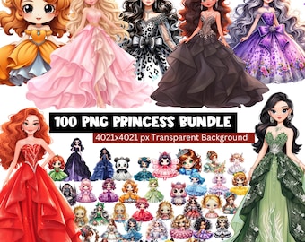 100 Princess Watercolor PNG Bundle, Cute Princess Clipart, Cartoon Princess Sublimation, Royal Girl Graphics for T-Shirts & Stickers