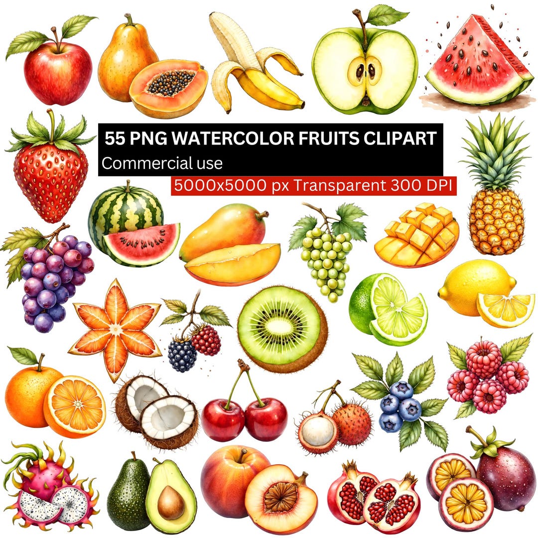 Watercolor Fruits Clipart Bundle, 55 PNG Transparent Fruit ...