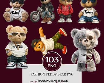 Mode teddybeer clipartbundel png, stedelijke teddybeerafbeeldingen, hiphop hoodiebeer, schattige gangsterbeer voor sublimatie, stickerontwerpen