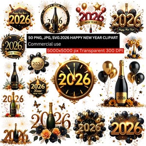 Könnte beinhalten: Eine Sammlung goldener und schwarzer Neujahrs-2026-Clipart-Bilder. Die Designs umfassen Champagnerflaschen, Luftballons, Uhren und Blumenarrangements. Text beinhaltet "Happy New Year" und "2026". Die Bilder sind für kommerzielle Nutzung.