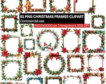 Christmas Wreath Frame PNG, Festive Border Clipart, Holiday Decor Art, Winter Frame Clipart, Holiday Wreaths & Borders PNG Set