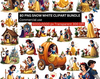 Snow White Clipart Bundle, Fairy Tale PNG Set, Princess and Dwarfs Art, Fantasy Illustrations, Disney Style PNG, Santa PNG