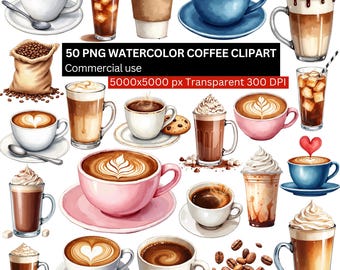 Coffee PNG Bundle, Watercolor Coffee Art, Hot & Iced Coffee Clipart, Cafe Drink Clipart, Coffee Mug Illustrations for Sublimation