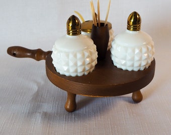 Milk Glass Condiment Caddy Three Piece Set with Original Spoon, circa 1950s to 1970s, Made in Japan, Numbered Piece.