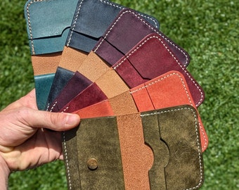Cartera de cuero plegable compacta, cosida a mano - Paleta de colores, diseño minimalista y delgado