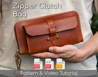 Leather Clutch Pattern PDF - Travel Pouch with Front Pocket and Strap + Video Tutorial