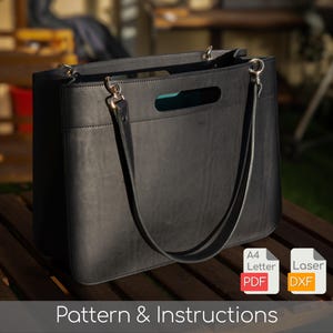 May include: A black rectangular tote bag with a cutout handle and two long shoulder straps attached by silver-toned metal hardware. The image includes icons labelled A4 Letter PDF and Laser DXF, with the text Pattern & Instructions below.