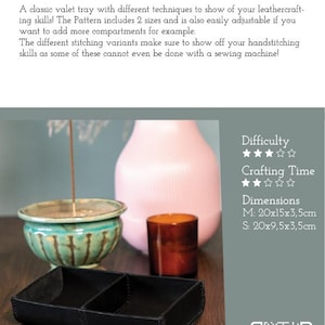 May include: Black leather tray with two compartments, dimensions 20x15x3.5cm. The image also shows a teal and brown ceramic bowl, a pink vase, and a small orange glass. Text on the image reads "Leather Tray".