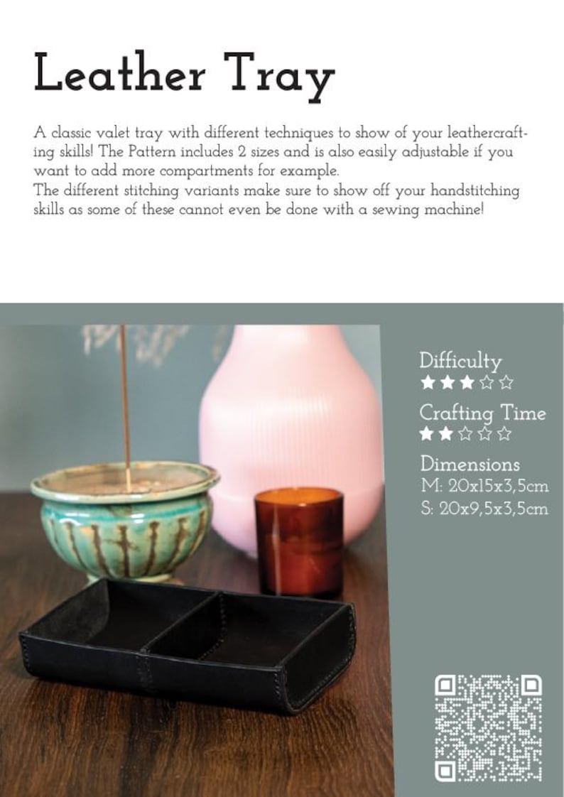 May include: Black leather tray with two compartments, dimensions 20x15x3.5cm. The image also shows a teal and brown ceramic bowl, a pink vase, and a small orange glass. Text on the image reads "Leather Tray".