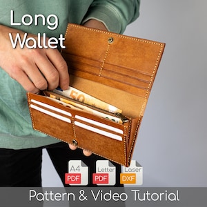 Patrón de billetera larga de cuero, artesanía en cuero, patrón de clutch de cuero, descarga PDF, plantilla de clutch, tutorial de billetera DIY, instrucciones en video