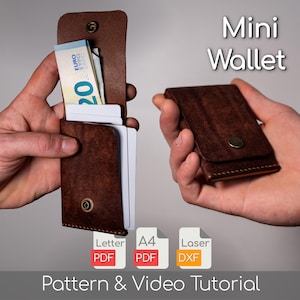May include: A brown leather mini wallet, shown open and closed, with a snap closure. The open wallet displays Euro banknotes and white cards. The image includes the text "Mini Wallet" and "Pattern & Video Tutorial".