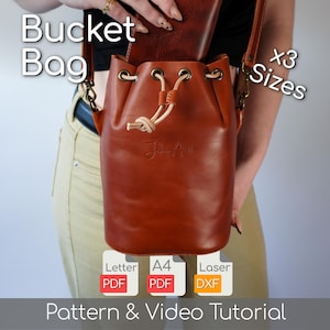 Leather Bucket Bag Pattern PDF - 3 Sizes Drawstring Handbag + Video Tutorial