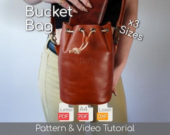 Modèle de sac seau en cuir PDF - 3 tailles de sac à main avec cordon de serrage + tutoriel vidéo