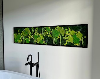 Moss picture, jungle picture with preserved flat moss, reindeer moss, ball moss, fern and amaranth, bright, vibrant colors, handmade
