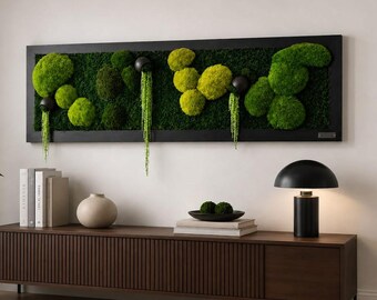 Moss picture, conserved moss, bell cups, amaranth, wooden frame, green wall, beautiful gift, nature in the living space, wall art