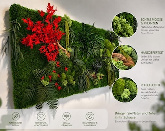 Frameless moss picture with red maple leaves