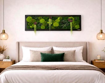 Moss picture, conserved moss, fern, amaranth, lotus flower, wooden frame, green wall, beautiful gift, nature in the living space, wall art