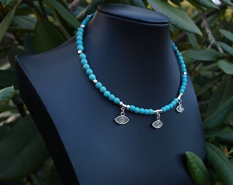 Gargantilla de cuentas de howlita turquesa – Collar con dije de ojo turco hecho a mano