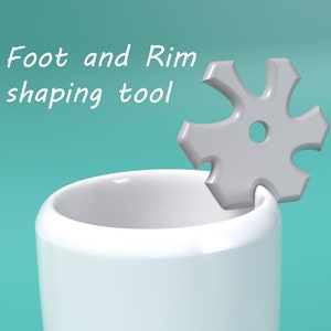 May include: A white ceramic cup with a gray, star-shaped tool on top. The tool has six points and a hole in the center. The text "Foot and Rim shaping tool" is written above the cup.