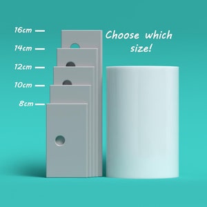 May include: Five grey rectangular blocks stacked on top of each other, each with a hole in the centre. The blocks are labelled with measurements in centimetres: 8 cm, 10 cm, 12 cm, 14 cm, and 16 cm. Next to the blocks is a white cylinder. The text "Choose which size!" is written above the cylinder.