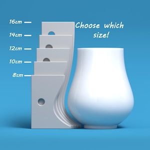 May include: White ceramic vase with a rounded bottom and a wide opening. The vase is shown next to a ruler with markings for 8, 10, 12, 14, and 16 centimetres. The text "Choose which size!" is written above the vase.