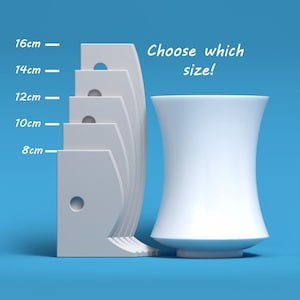 May include: Five white ceramic vases of different sizes, ranging from 8 to 16 centimeters in height. The text "Choose which size!" is written in white on a blue background.